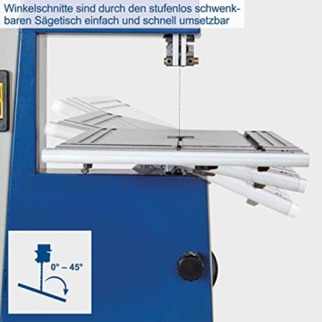 Scheppach Bandsäge BASA1 (300 Watt, max. Schnitthöhe: 100mm, Durchlassbreite: 195mm, bis zu 45° schwenkbarer Arbeitstisch, Bandrad-Ø: 200mm, Schnittgeschwindigkeit: 880m/min) - 8